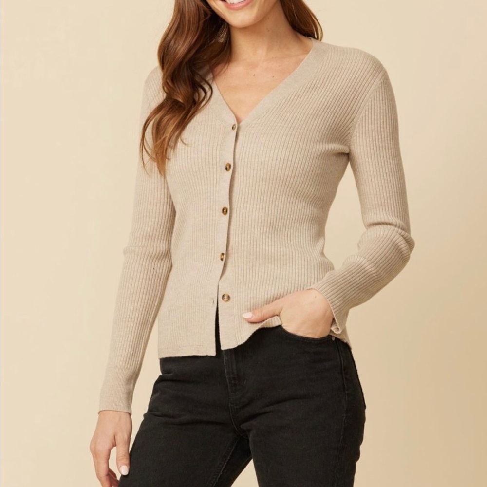 REVOLVE Neutral Beige Ribbed V-Neck Button Cardigan